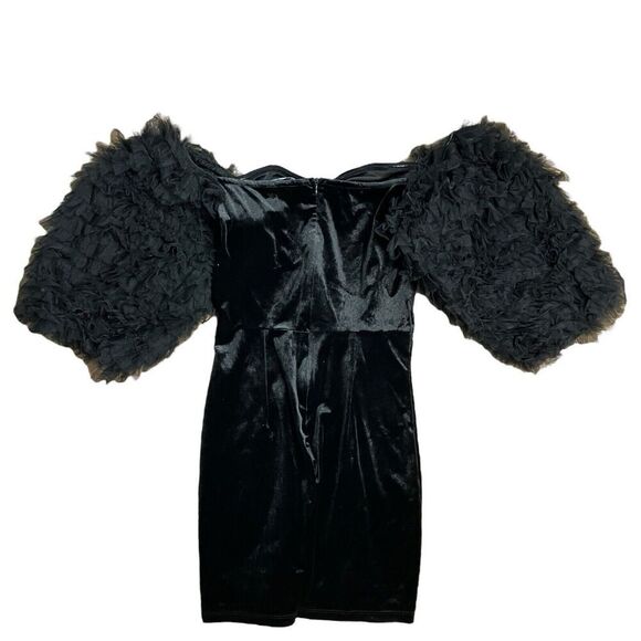 ZARA Dress S Black Velvet Tulle Balloon Sleeves 8351/253 FW22 Mini Off Shoulder - Picture 12 of 16